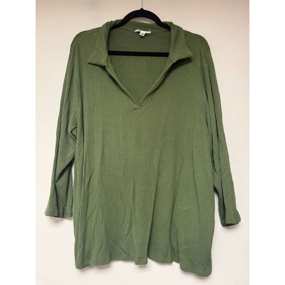 RIO & RIAN Olive‎ Green Ribbed Collared Pullover Tunic Top 3X